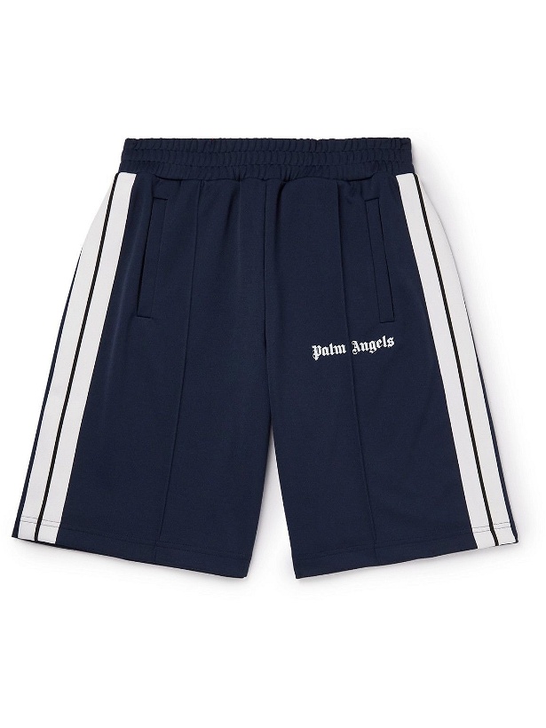 Photo: Palm Angels - Straight-Leg Striped Logo-Print Tech-Jersey Shorts - Blue