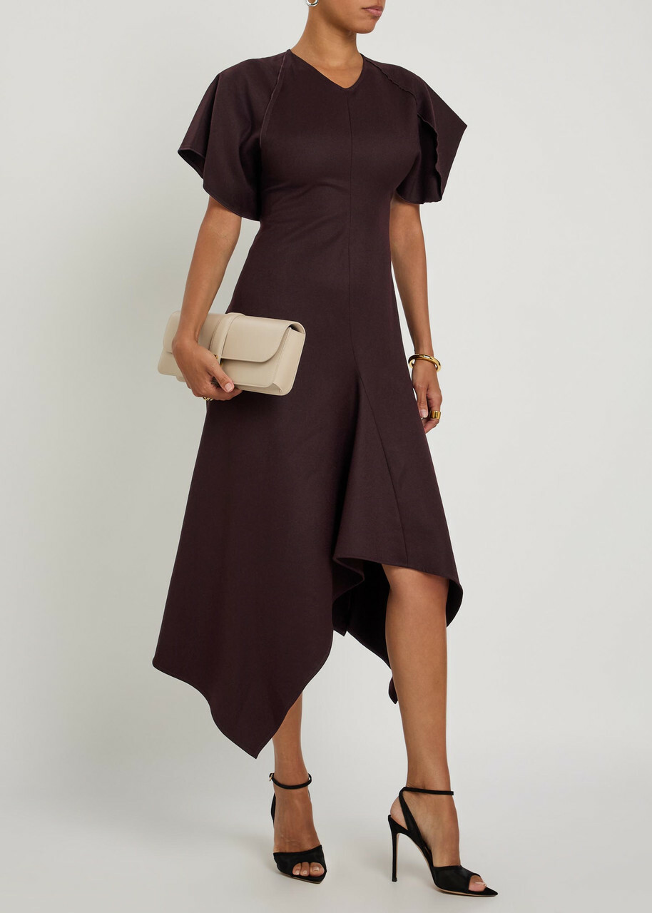 Victoria Beckham Asymmetric Wool Midi Dress Bordeaux