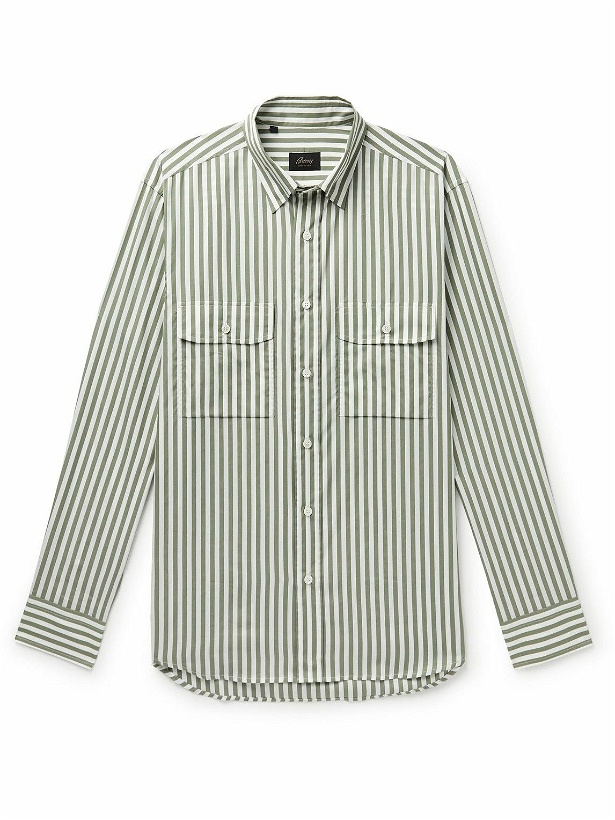 Photo: Brioni - Striped Cotton and Silk-Blend Poplin Shirt - Green
