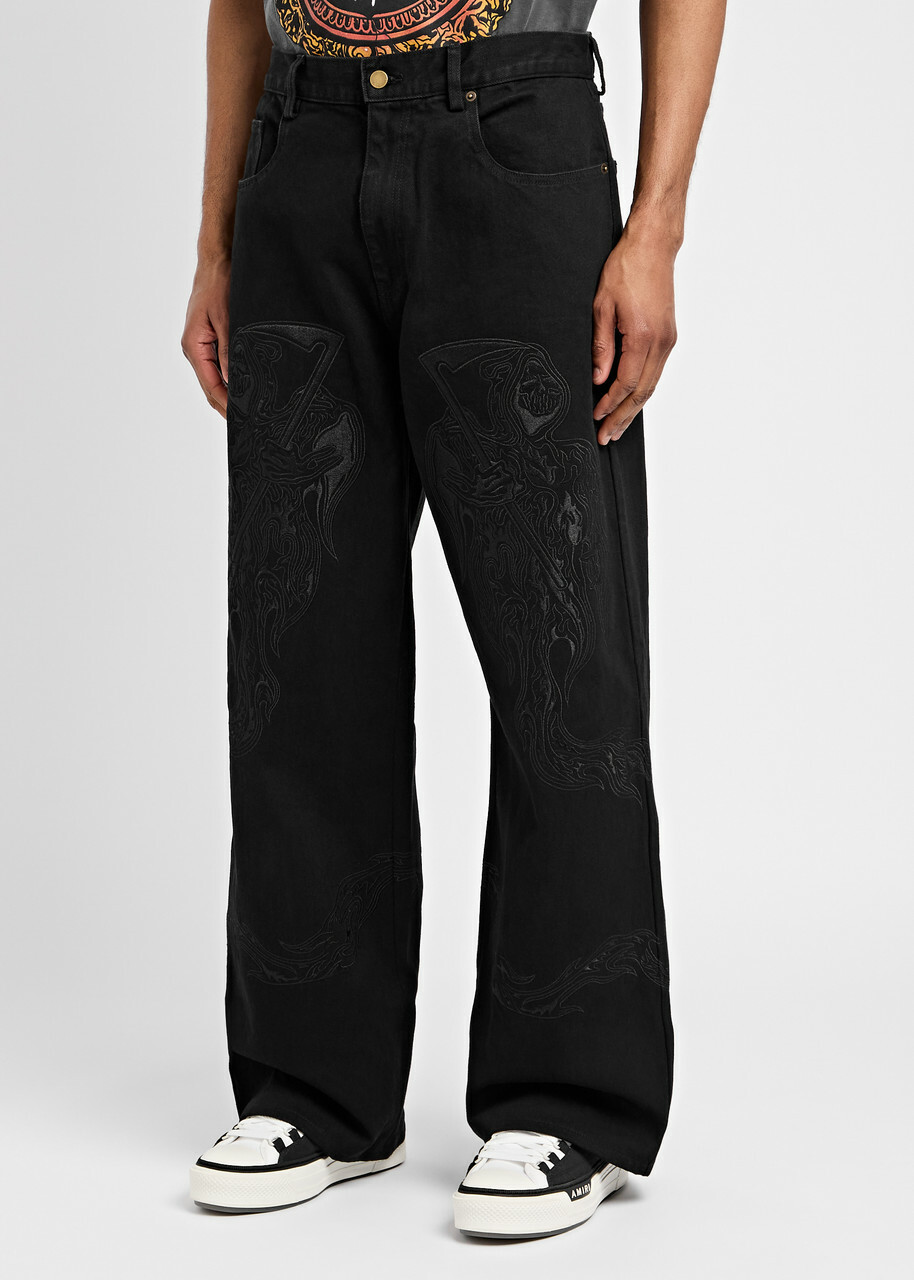 Warren Lotas Embroidered Straight-leg Jeans Black