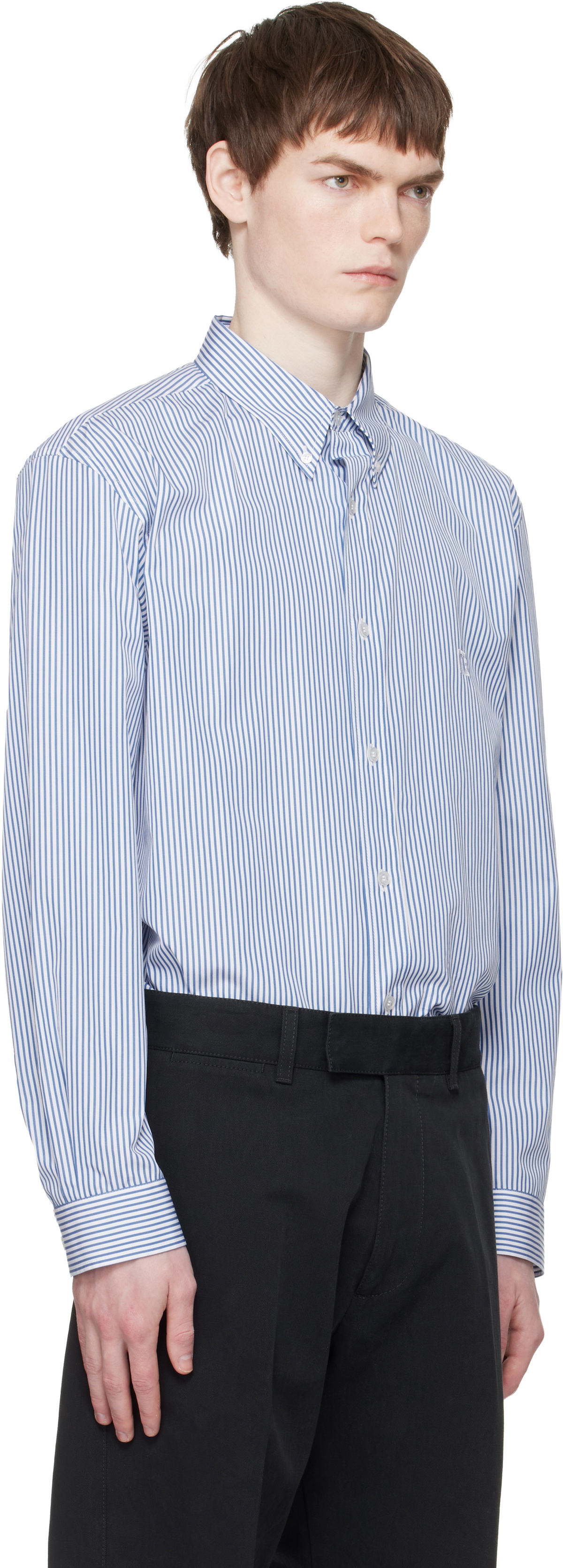 BALMAIN Blue & White Embroidered Pinstripe Popeline Regular Shirt