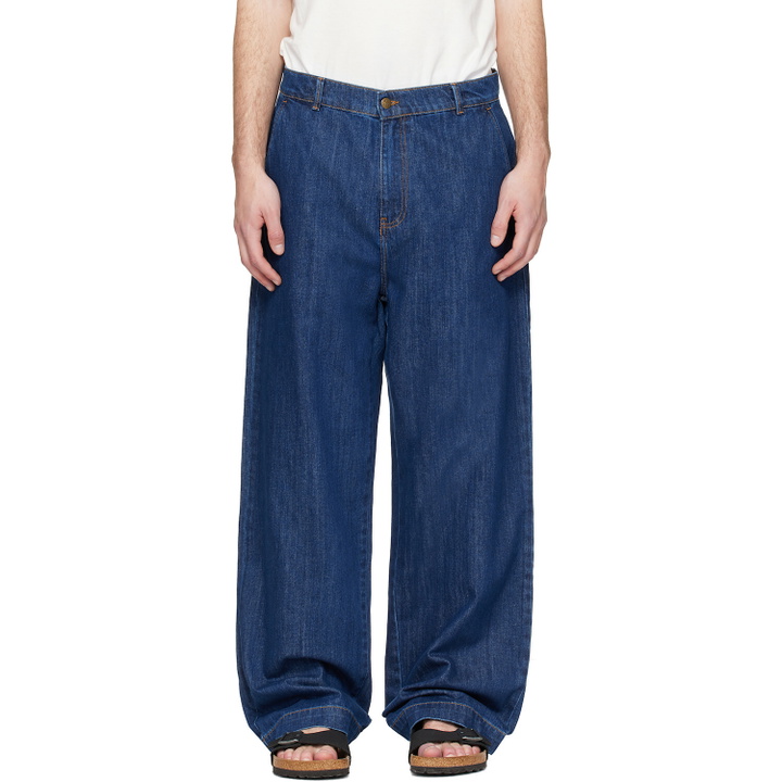 Photo: Merz b. Schwanen Blue 1940s Cotton Denim High Rise Wide Leg Chino Jeans
