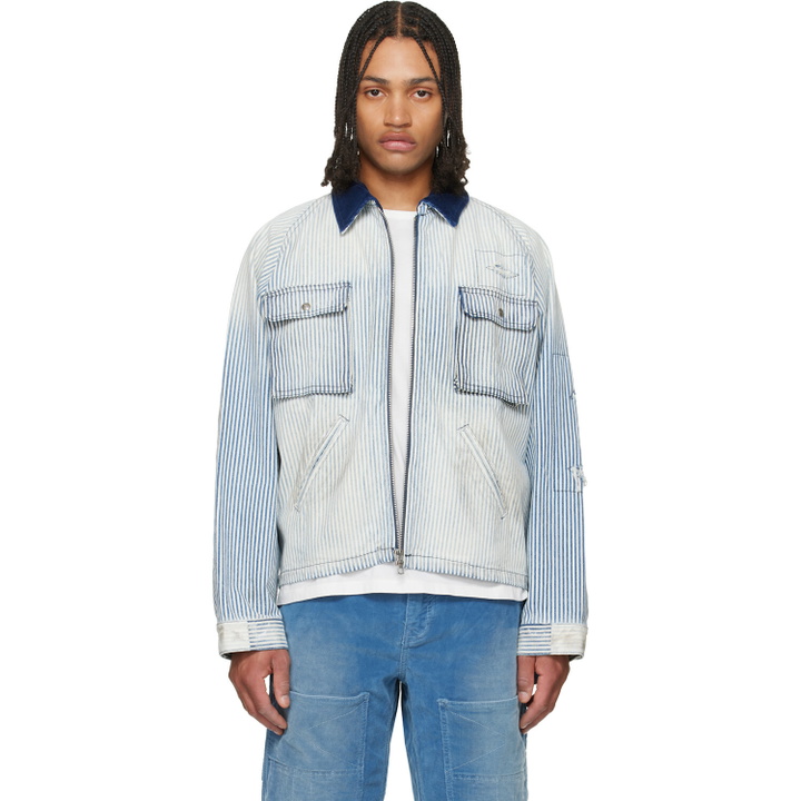 Photo: COÛT DE LA LIBERTÉ Blue & White Alfred Cargo Pocket Denim Jacket