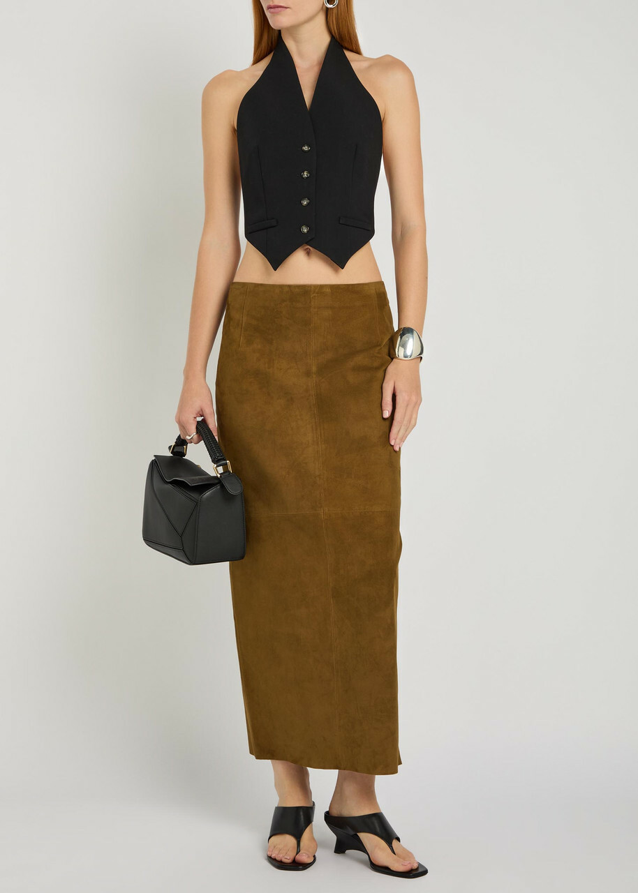 Nour Hammour Selly Suede Midi Skirt Dark Brown