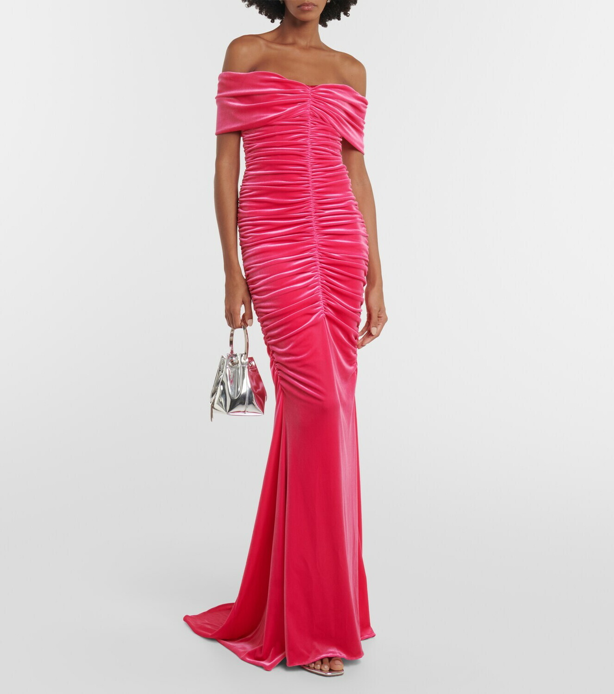 Monique Lhuillier Ruched off-shoulder velvet gown Monique Lhuillier