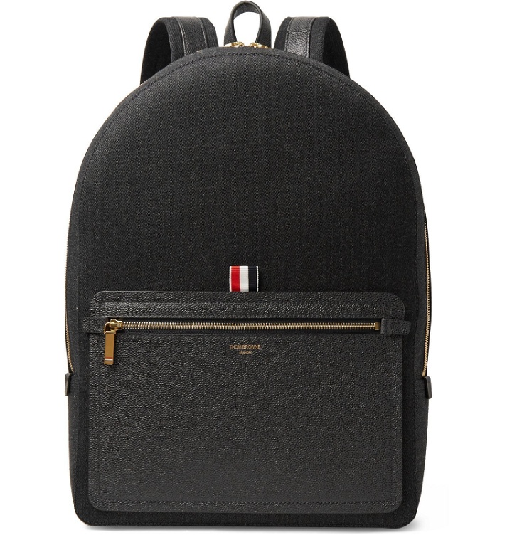 Photo: Thom Browne - Pebble-Grain Leather-Trimmed Mélange Twill Backpack - Gray
