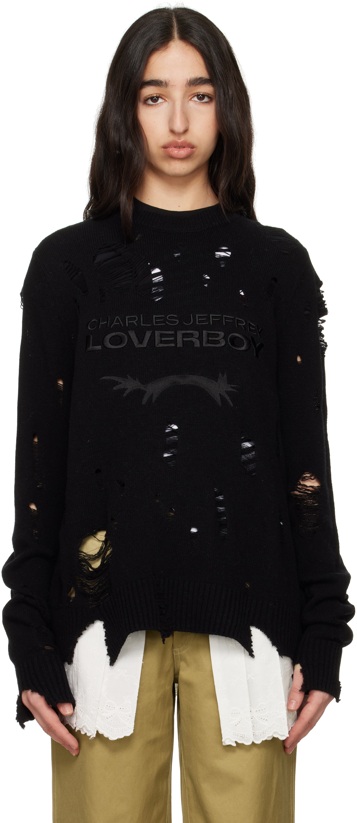 Charles Jeffrey LOVERBOY Black Distressed Logo Sweater