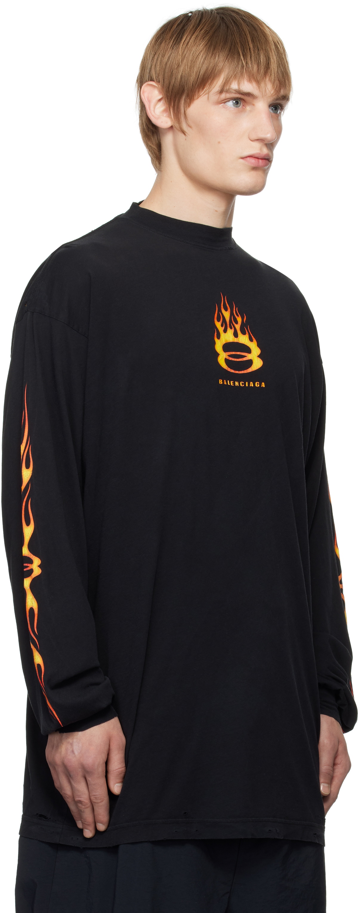 大人気 BALENCIAGA BURNING UNITY THIN JERSEY 796917TQVW61134 Balenciaga Black Burning Unity Thin Jersey Long Sleeve T