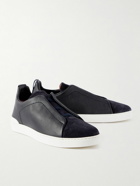 Zegna - Full-Grain Leather and Suede Slip-On Sneakers - Blue