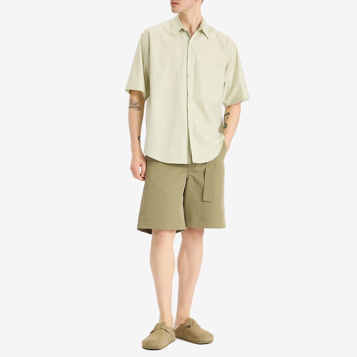 Auralee Men's Washed Finx Twill Big Half Sleeved Shirt in Auralee Men's Washed Finx Twill Big Half Sleeved Shirt in