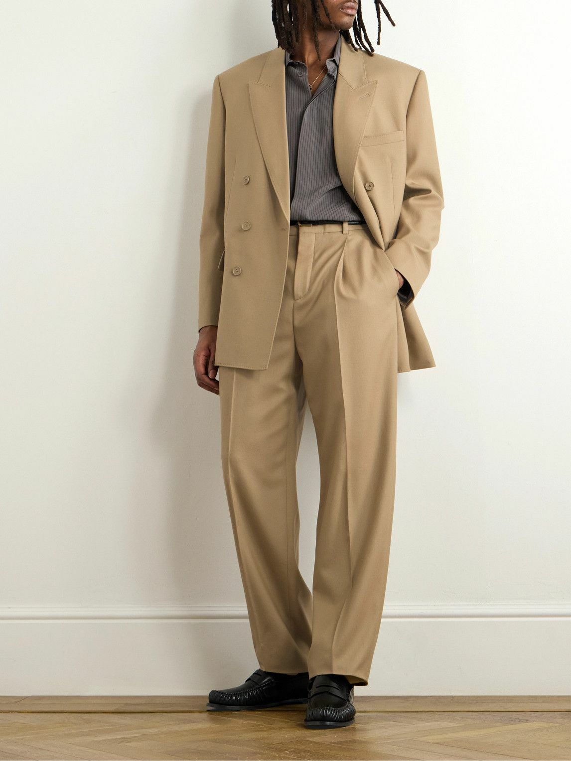 SAINT LAURENT - Tapered Pleated Grain de Poudre Wool Trousers - Neutrals