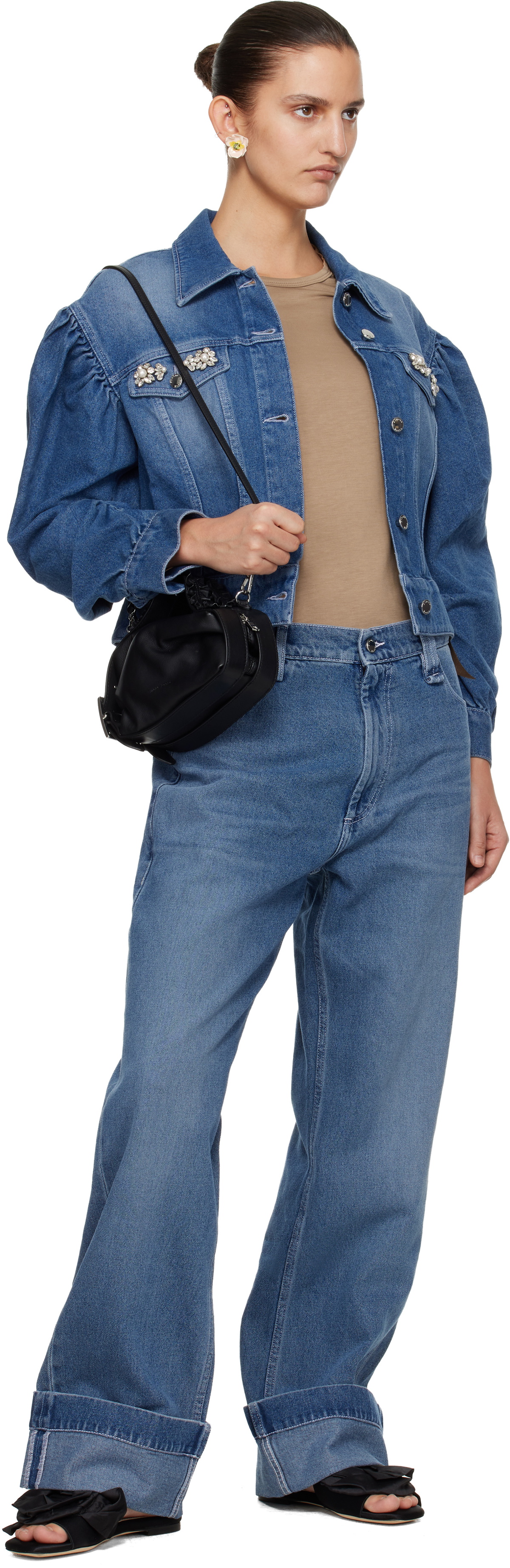 Simone Rocha Blue Embellished Sculpted Draped Sleeve Denim Jacket