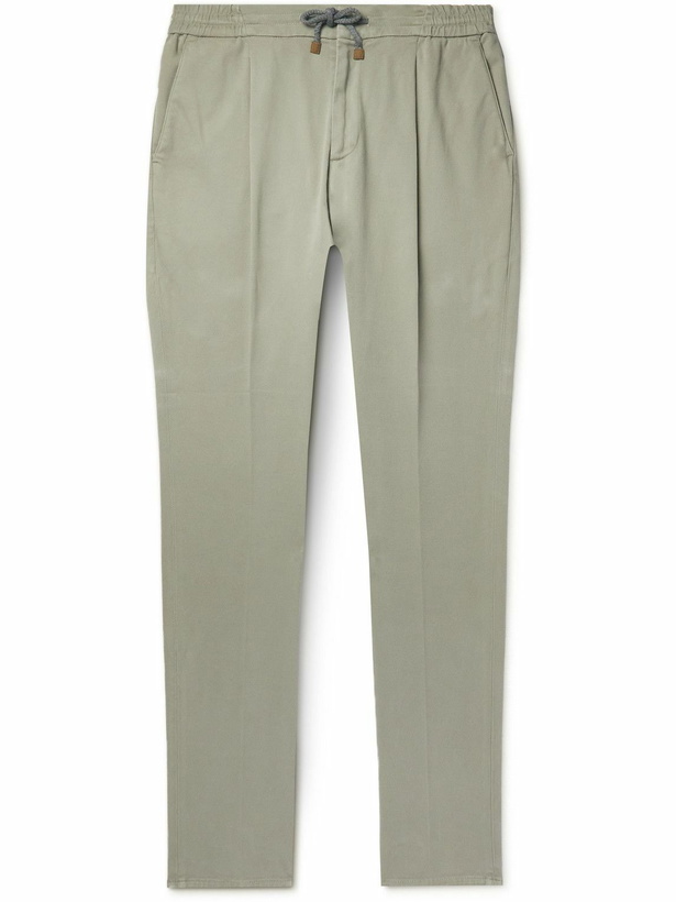 Photo: Brunello Cucinelli - Straight-Leg Pleated Cotton-Blend Twill Drawstring Trousers - Green