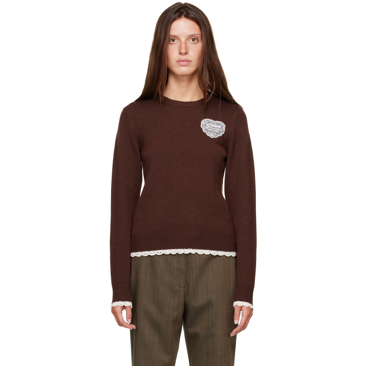 GANNI Brown Crewneck Wool Sweater