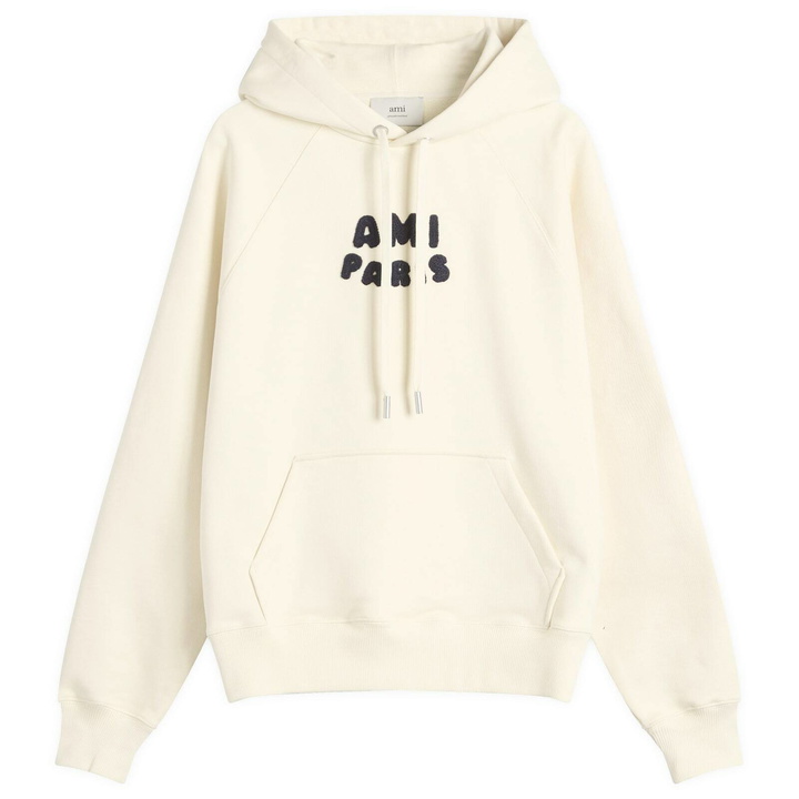 Photo: AMI Paris Men's Woven Ami Logo Jersey Hoodie in White Cream