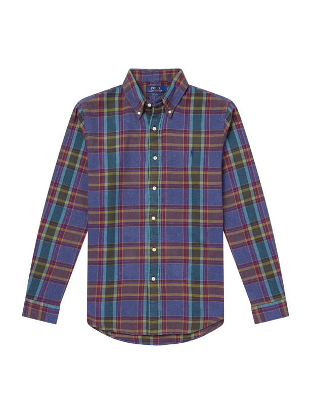 Photo: Polo Ralph Lauren - Button-Down Collar Checked Cotton-Flannel Shirt - Blue