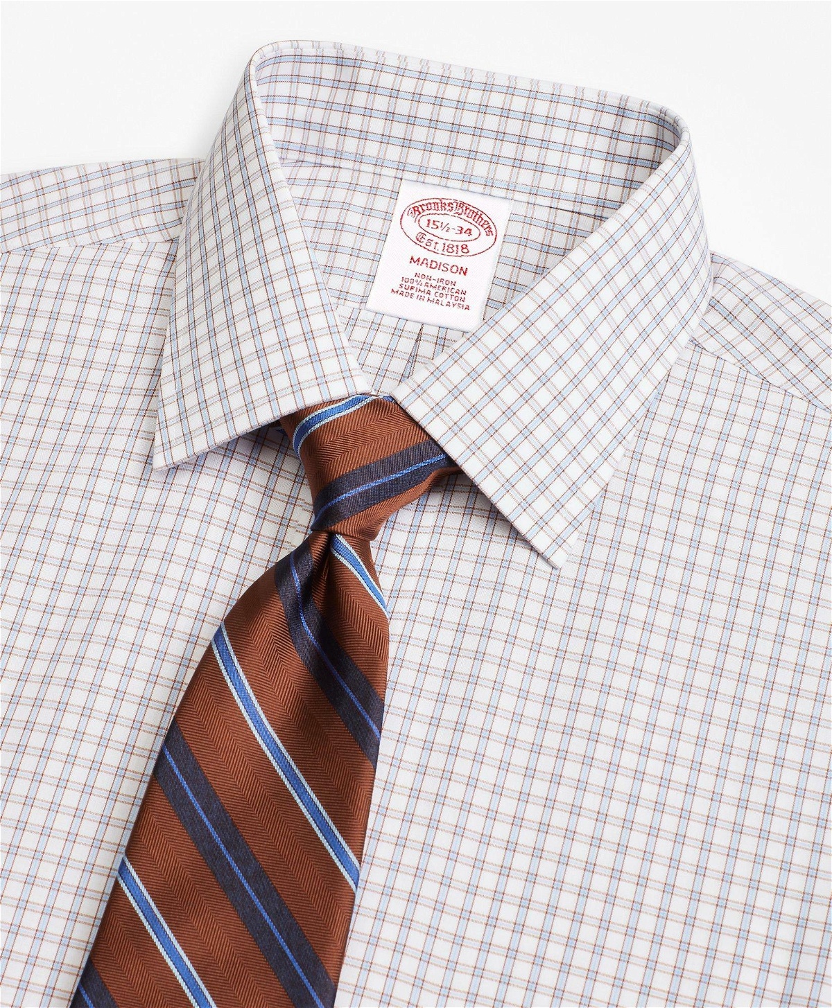 Brooks Brothers Men's Madison Relaxed-Fit Dress Shirt, Non-Iron Framed Windowpane | Brown/Blue
