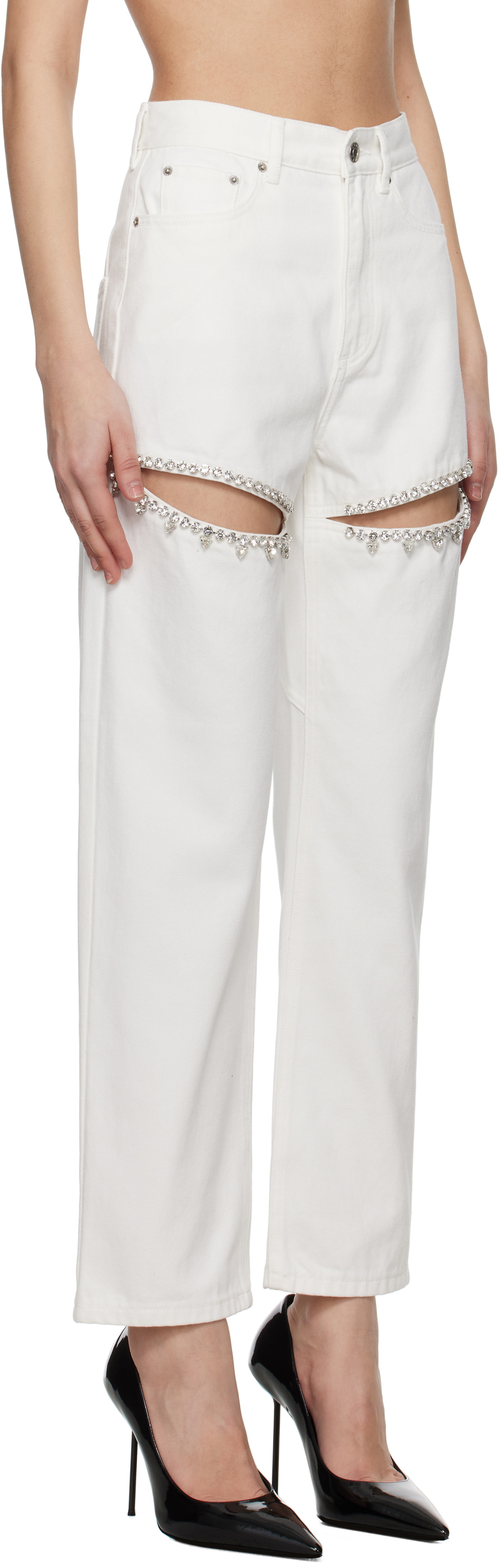 AREA White Crystal Slit Jeans