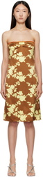 Versace Brown & Yellow Wild Roses Strapless Midi Dress