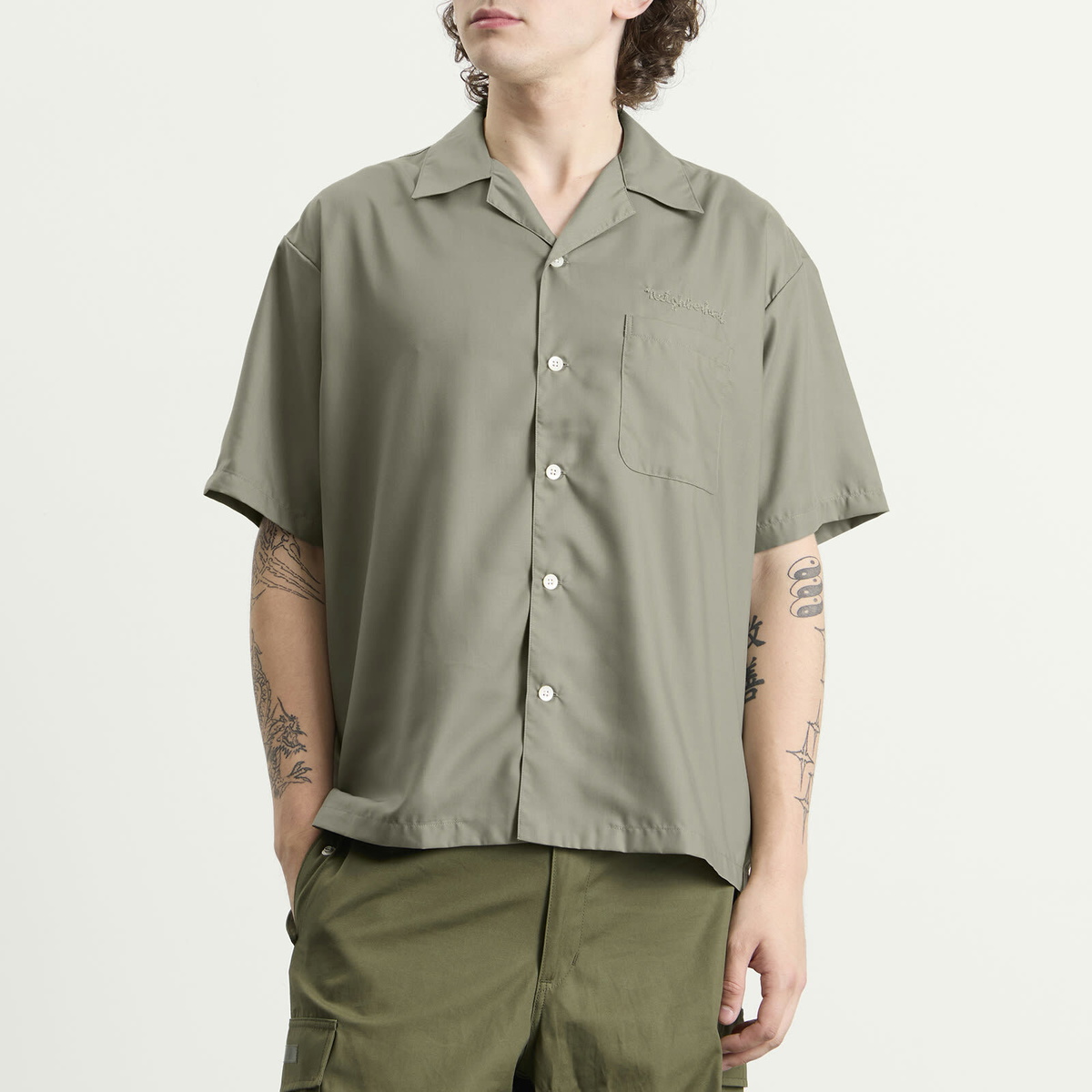 Neighborhood Men's Solid Color Hawaiian Logo Shirt in Sage Green