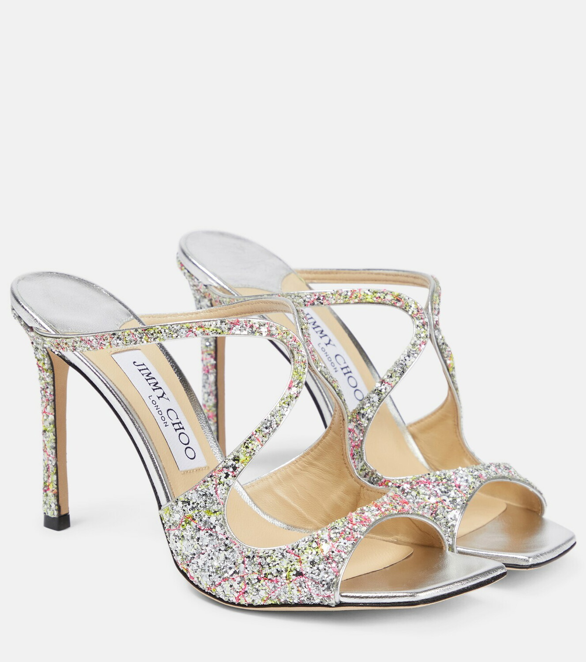 JIMMY CHOO【ANISE 95 DUSTY GLITTER】 キラキラ輝く追跡送料込 Platinum Ice Dusty Glitter Mules | ANISE 95 | Winter 2021
