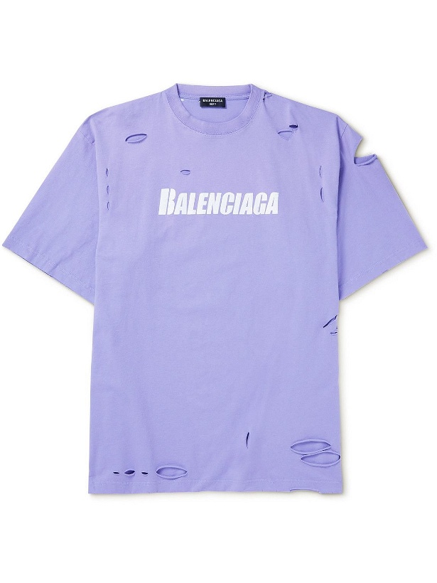 Photo: Balenciaga - Oversized Distressed Logo-Print Cotton-Jersey T-Shirt - Purple