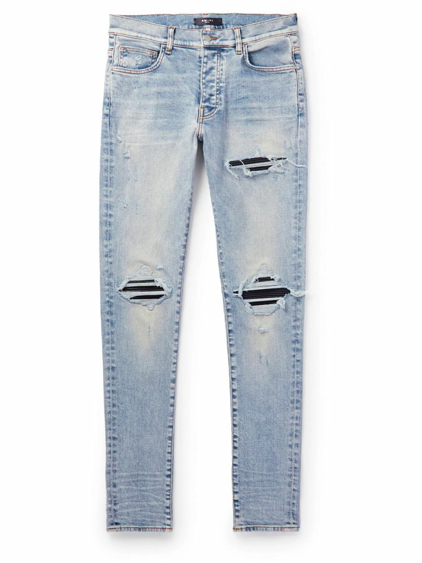 Photo: AMIRI - MX1 Skinny-Fit Distressed Leather-Panelled Jeans - Blue
