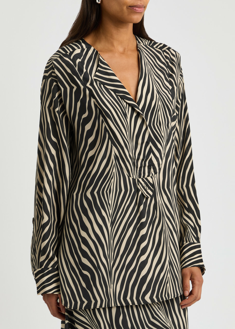 BY Malene Birger Fayette Zebra-print Matte Satin Blouse Black