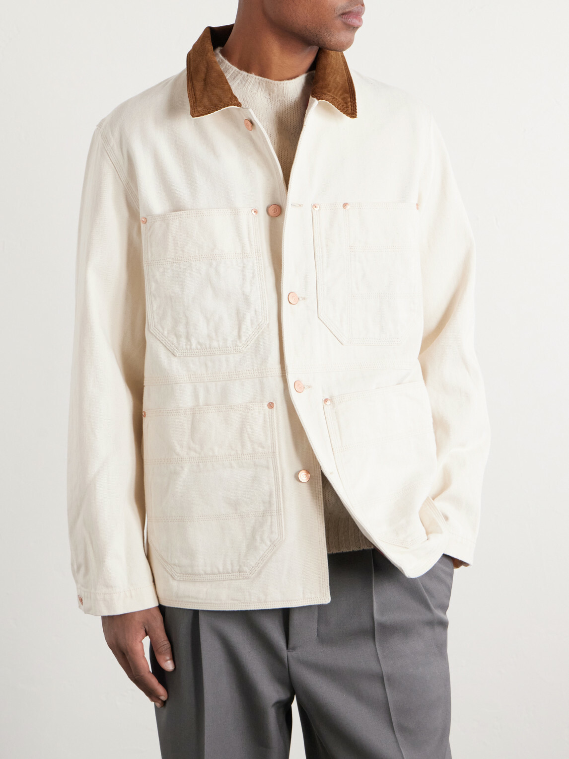 Drake's - Corduroy-Trimmed Denim Jacket - Neutrals