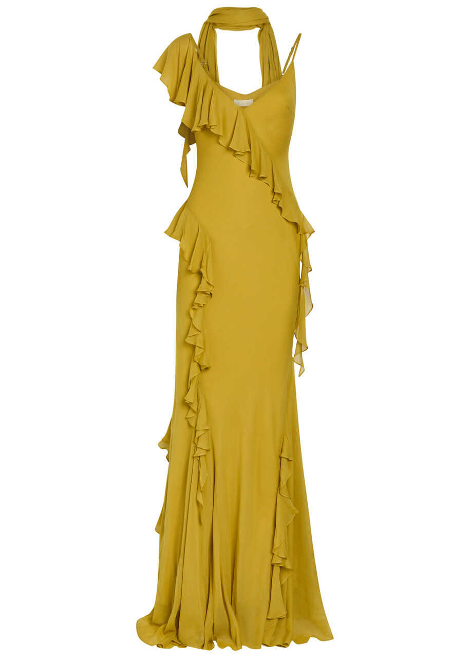 DE LA Vali Mayara Scar-effect Ruffled Chiffon Gown Yellow