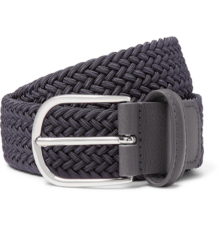 Photo: Anderson's - 3.5cm Dark-Grey Leather-Trimmed Woven Elastic Belt - Gray