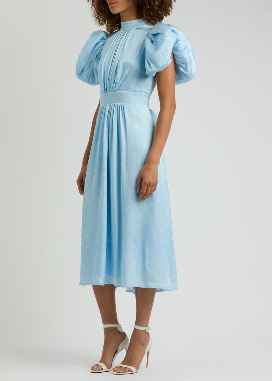 Rotate Birger Christensen Polka-dot Satin Midi Dress Light Blue
