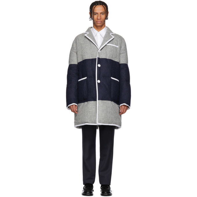 Photo: Thom Browne Grey and Navy Down Sack Fit Overcoat