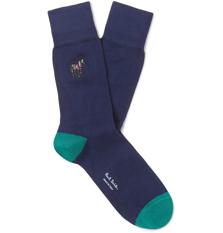 Photo: Paul Smith - Embroidered Cotton-Blend Socks - Blue