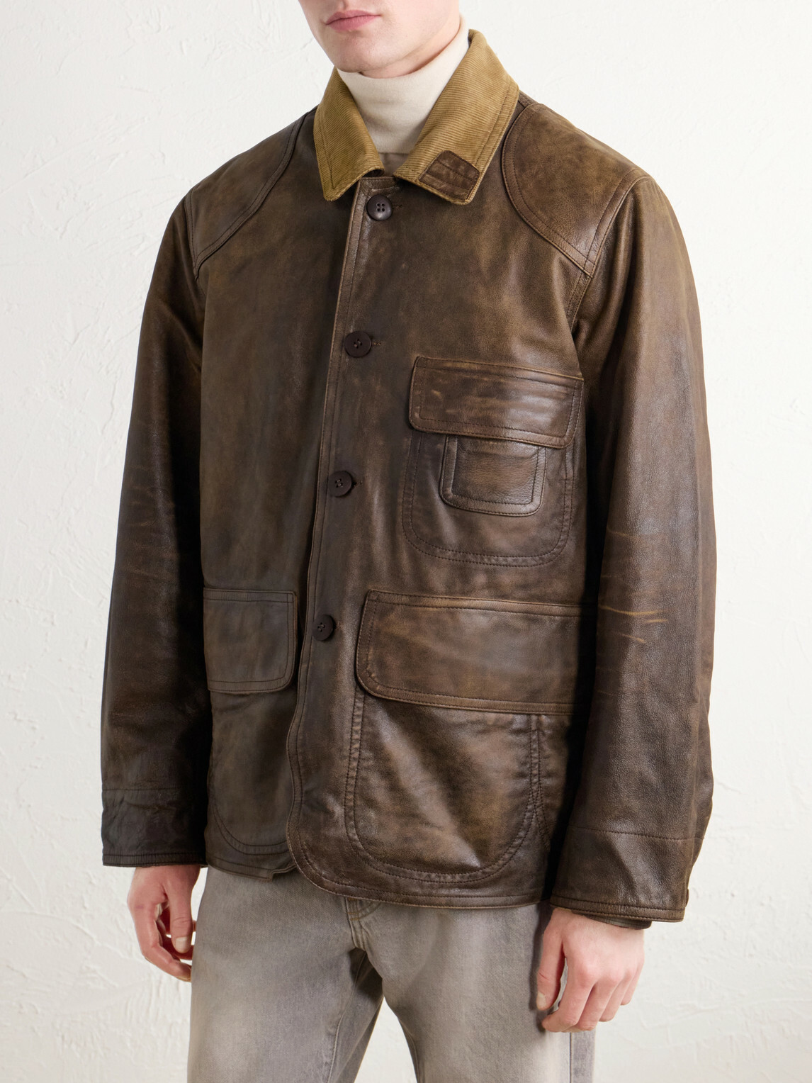 RRL - Corduroy-Trimmed Leather Jacket - Brown