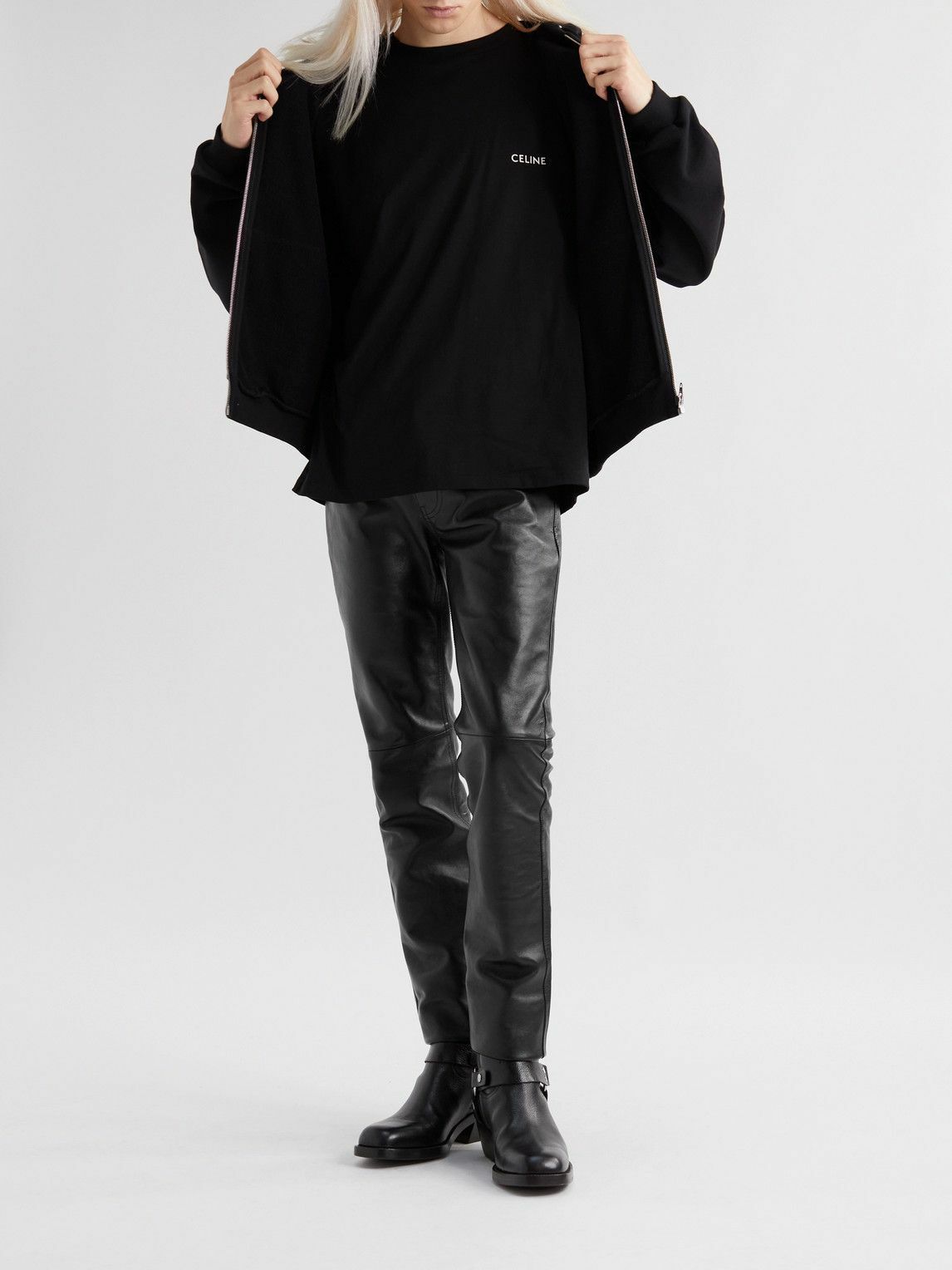CELINE - Panelled Full-Grain Leather Trousers - Black