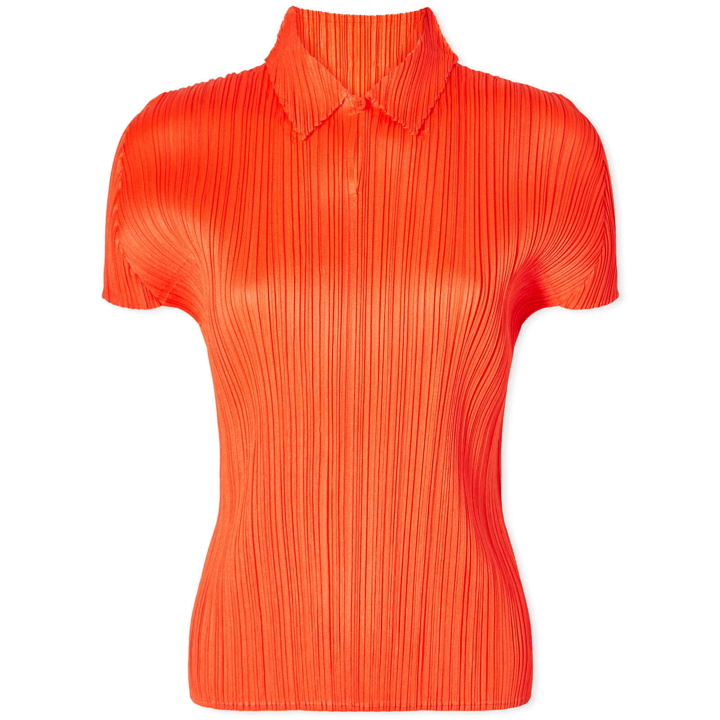 Photo: Pleats Please Issey Miyake Women's Short Sleeve Pleats Polo Shirt Top in Orange