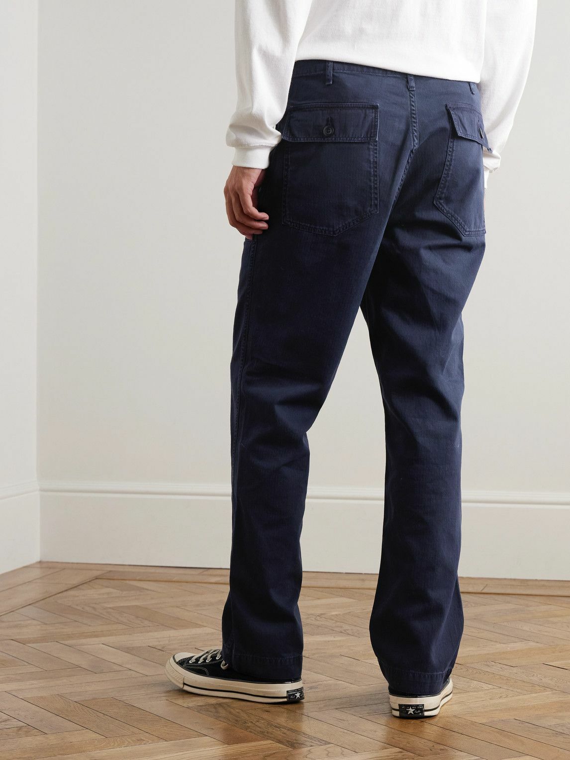Hartford - Fatigue Straight-Leg Garment-Dyed Herringbone Cotton-Gabardine Trousers - Blue