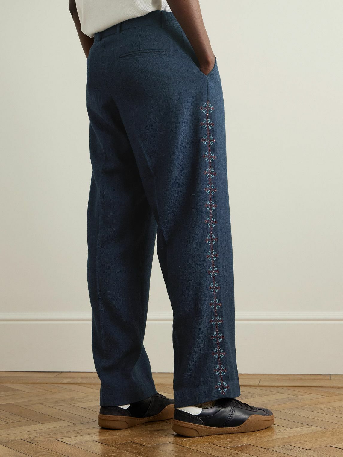 Kartik Research - Pleated Embroidered Wool Straight-Leg Trousers - Blue