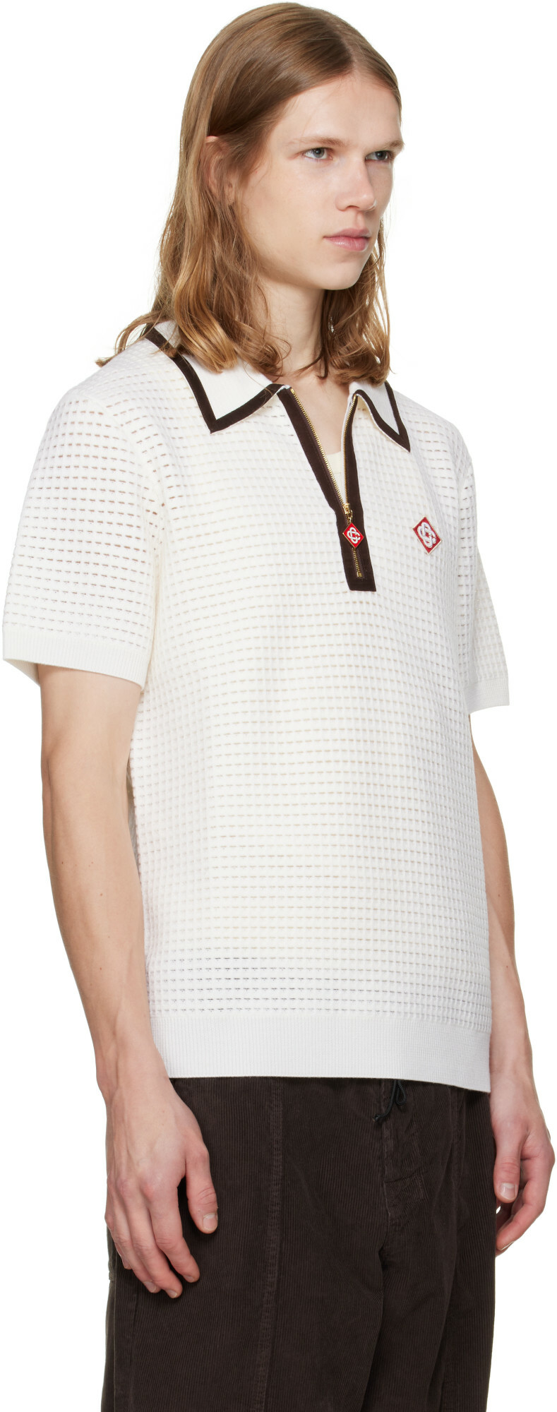 Casablanca White Wool Waffle Stitch Short Sleeve Polo