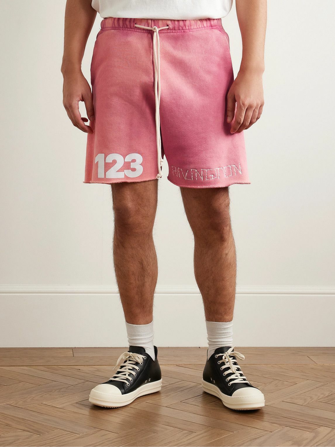 RRR123 - Gymbag Frayed Logo-Print Embroidered Cotton-Jersey Shorts - Pink