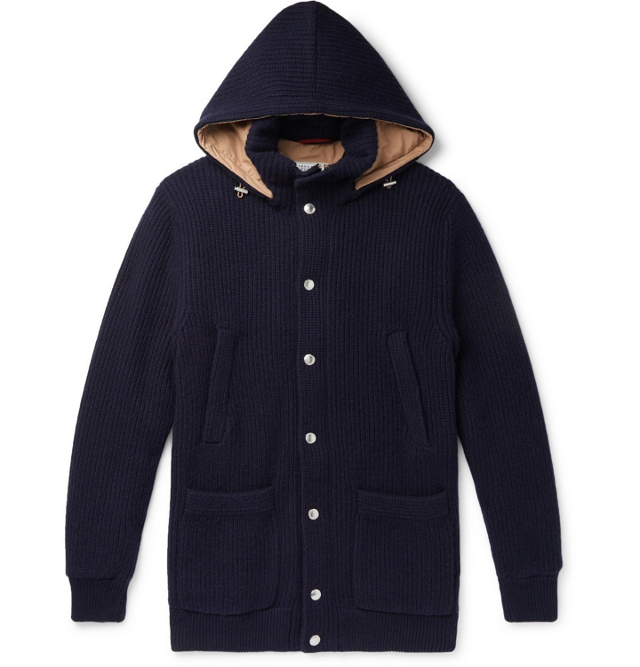 Photo: Brunello Cucinelli - Padded Ribbed Cashmere Hooded Cardigan - Blue