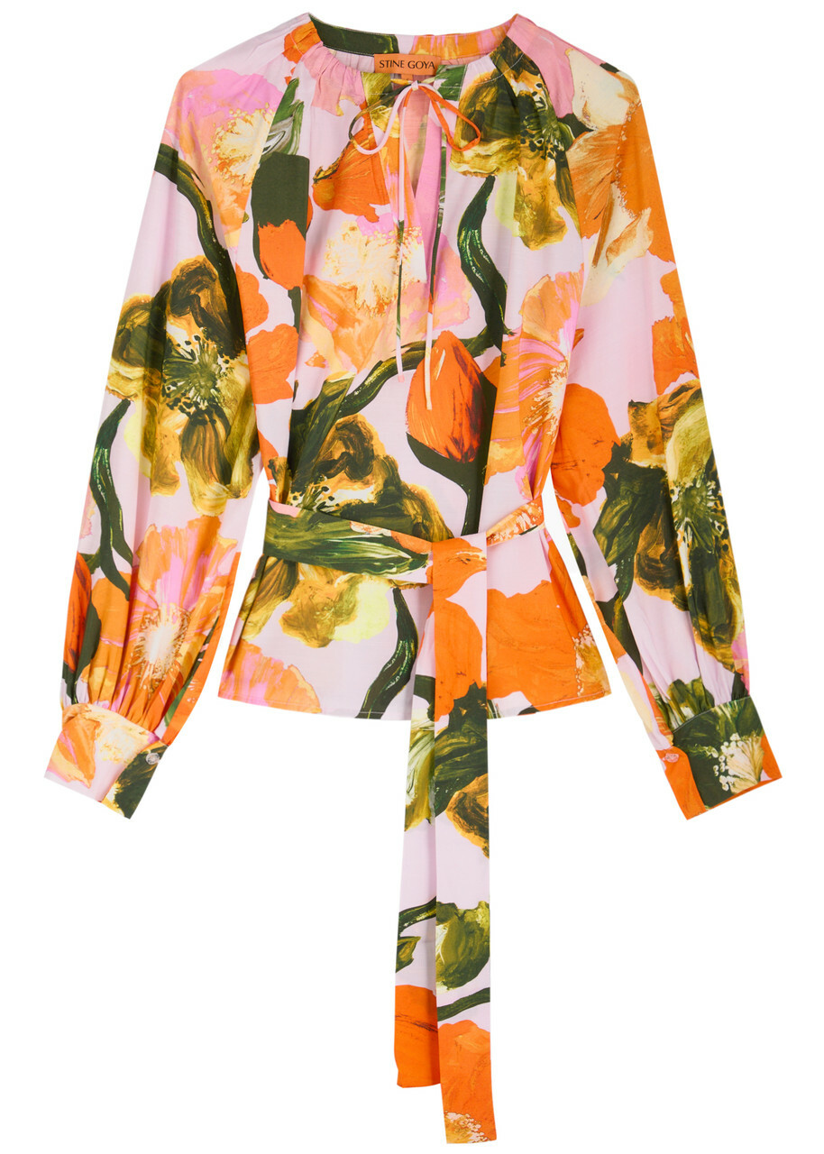 Stine Goya Vianna Floral-print Belted Blouse Orange