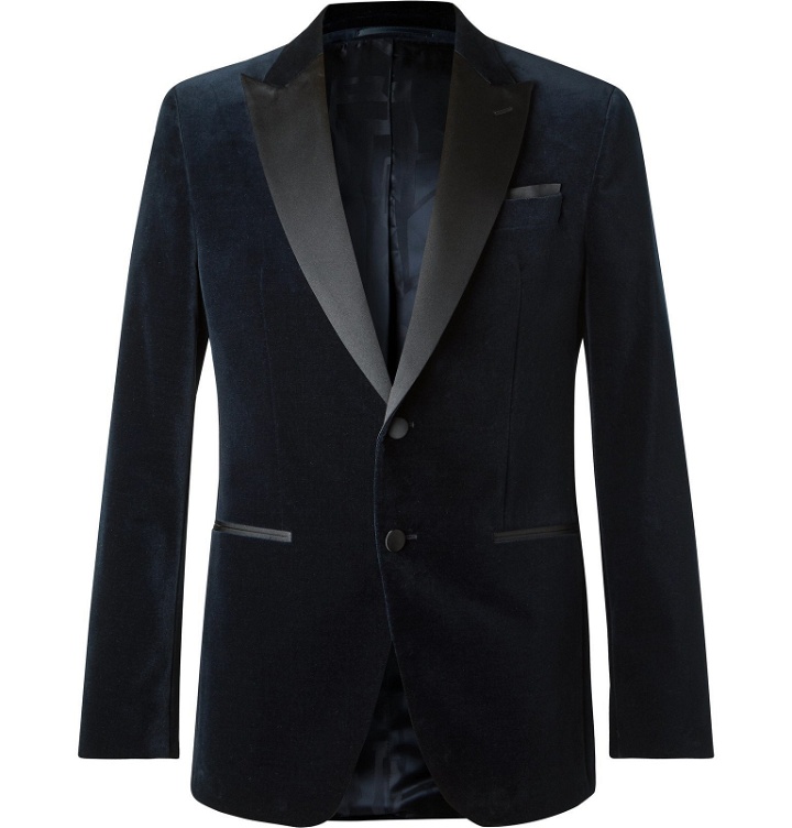Photo: Hugo Boss - Navy Helward Slim-Fit Satin-Trimmed Cotton-Velvet Tuxedo Jacket - Blue