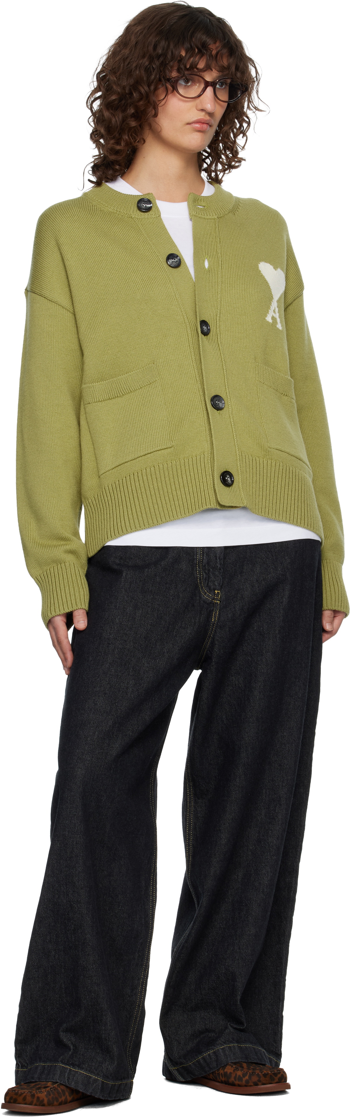 AMI Paris Green Wool Crewneck Ami de Coeur Cardigan