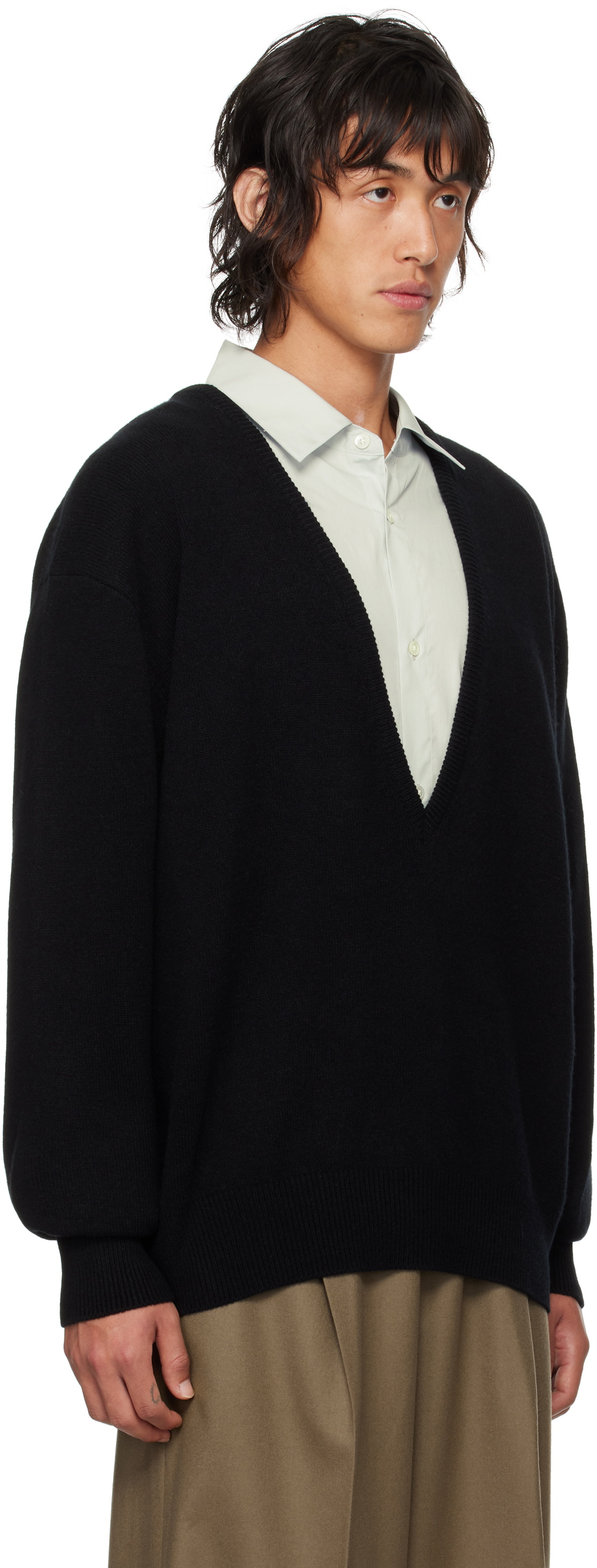 stein Black Extra Fine Wool Knit Deep V Neck Sweater Steinhausen