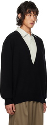 stein Black Extra Fine Wool Knit Deep V Neck Sweater