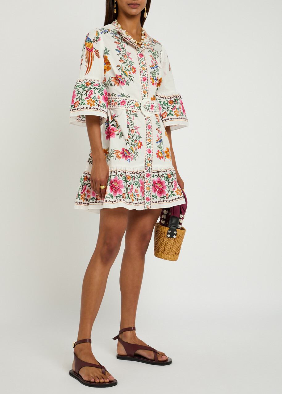 Farm Rio Delicate Forest Printed Cotton Mini Dress White