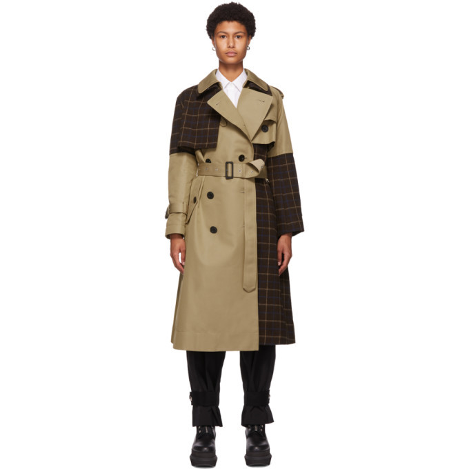 Sacai Beige Windowpane Check Panel Two-Tone Trench Coat Sacai