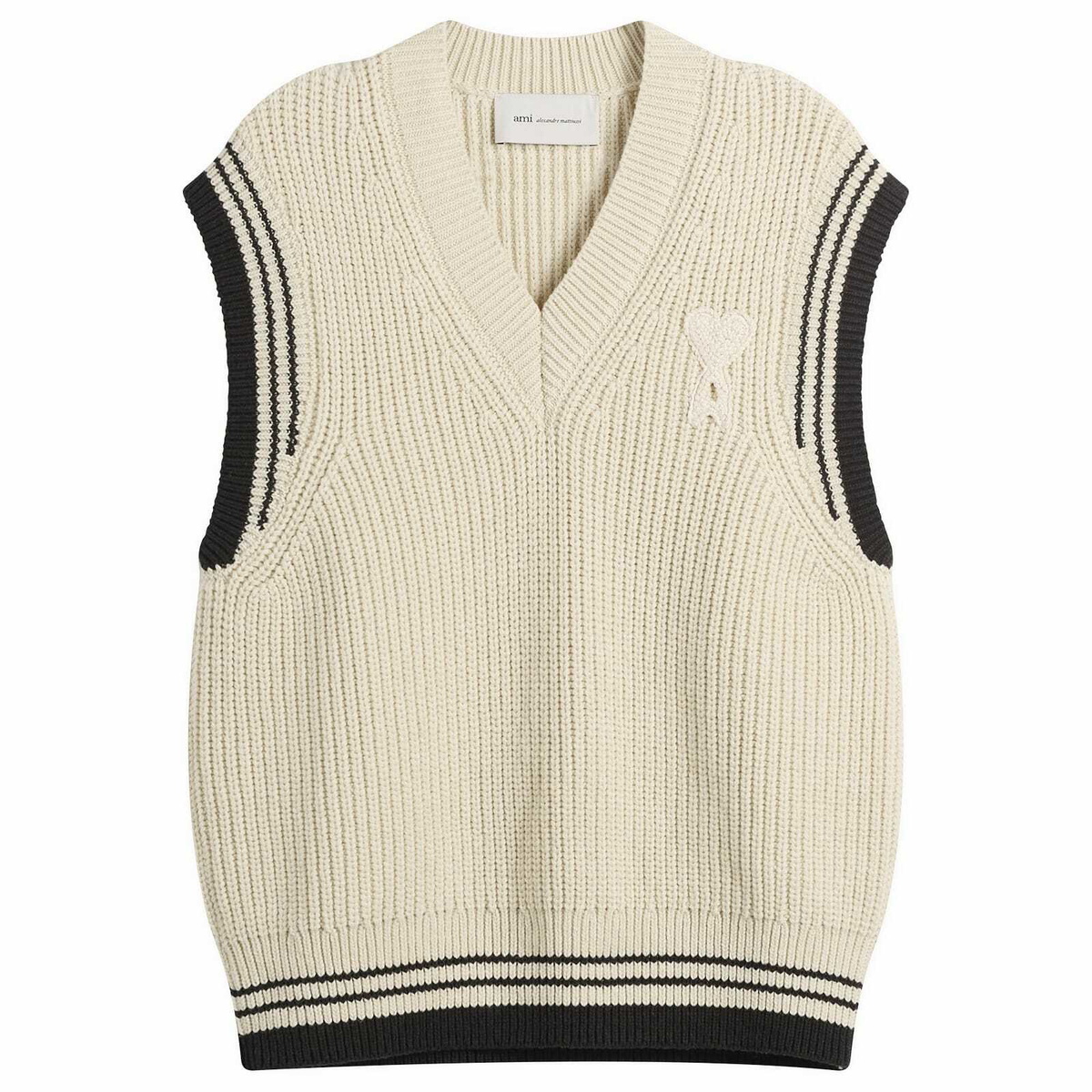 AMI Paris Men's V Neck Sleeveless Sweater in Blanc Creme